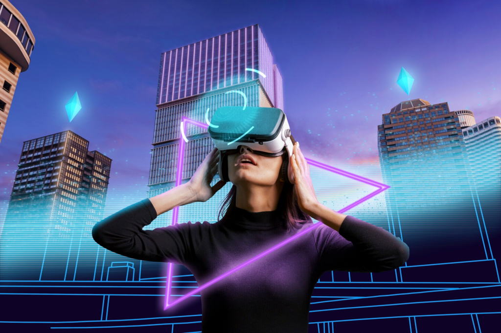 Mulher usando óculos de realidade virtual, enquanto o mundo ao redor vira uma espécie de Metaverso