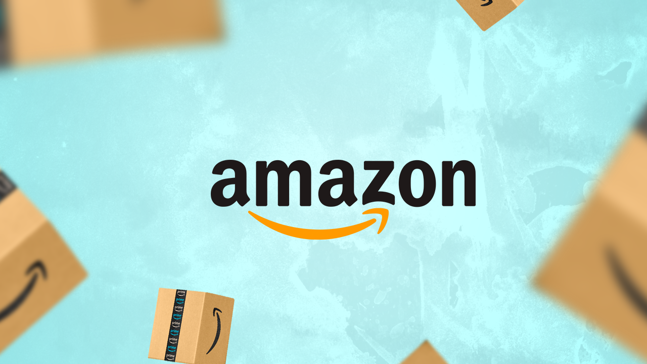 Logo da Amazon com algumas caixas Amazon voando ao redor 